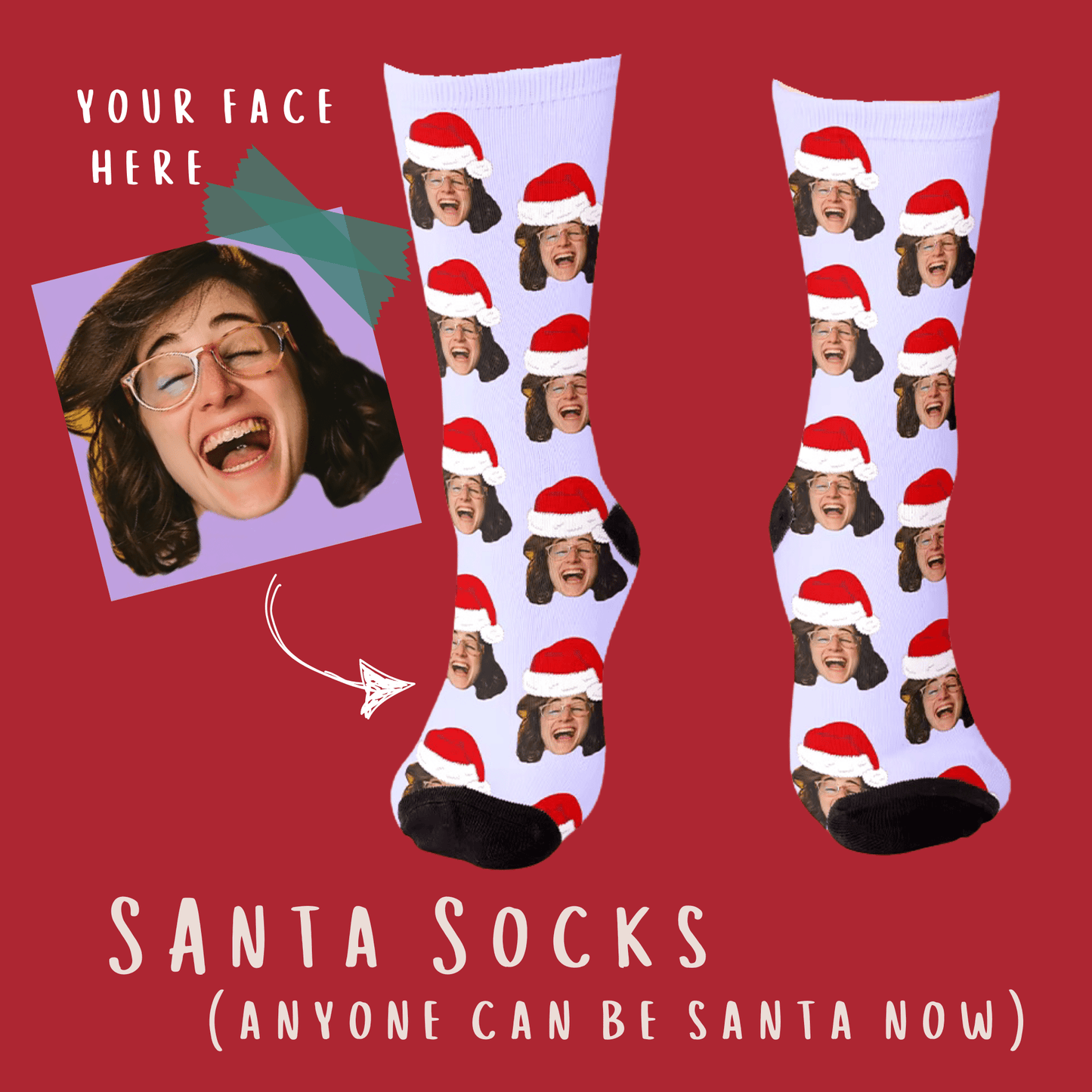 Santa Socks - Custom Photo Santa Hat Socks